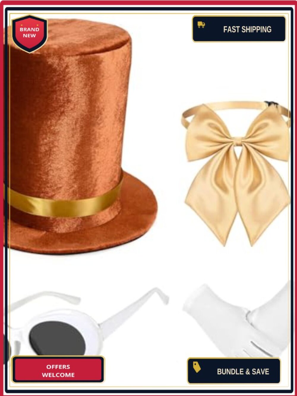 5 Pc Mens Halloween Costume Accessory Set Top Hat Scepter Gloves Bowtie